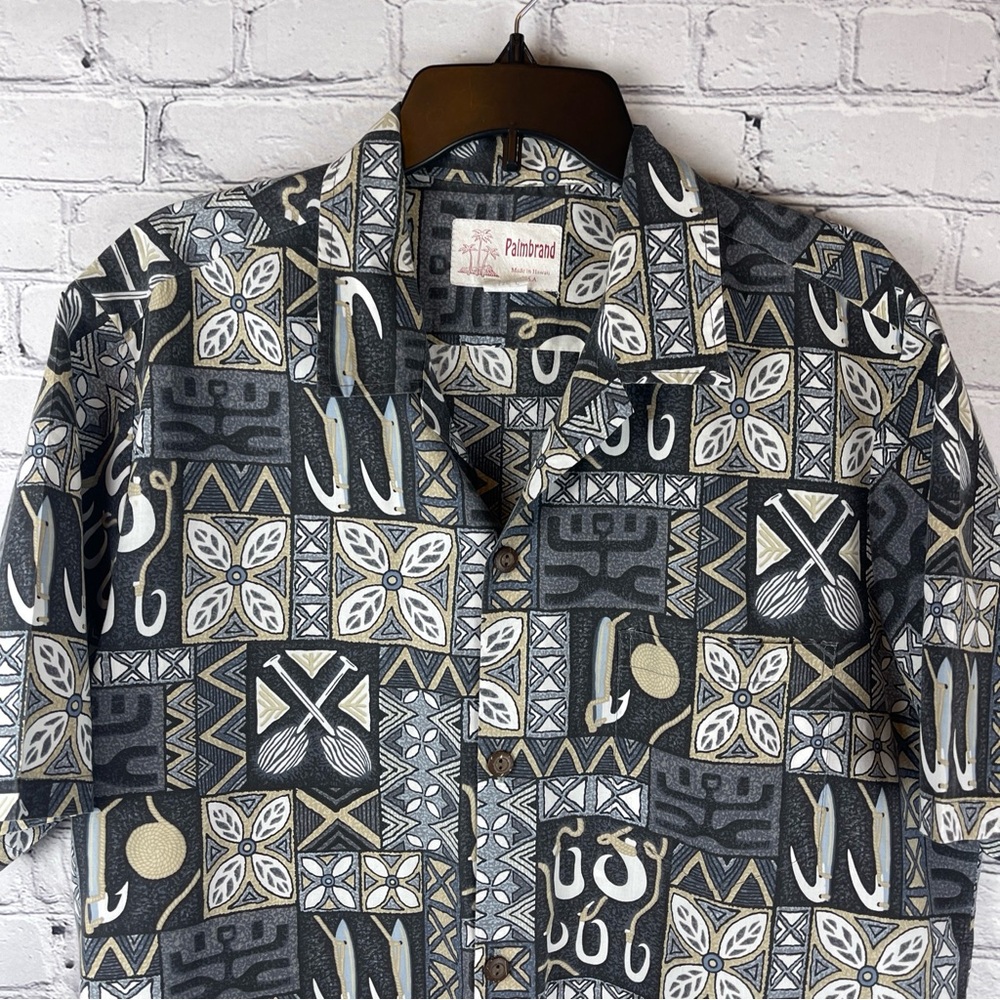 Palmbrand Hawaiian Shirt Men Large Tribal Aztec Short Sleeve Button Made‎ In USA